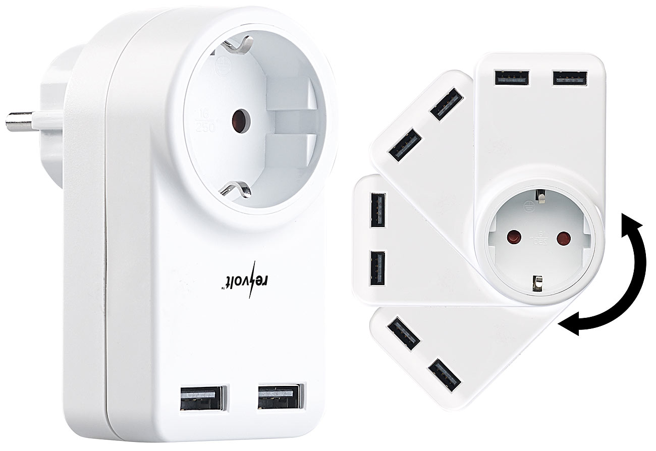revolt Steckdose mit 360°drehbarem Doppel-USB-Netzteil, 3,4 A / 17 Watt, www.pearl.de revolt Steckdose mit 360°drehbarem Doppel-USB-Netzteil, 3,4 A / 17 Watt, www.pearl.de