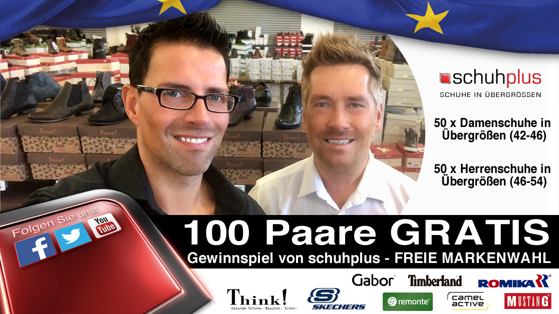 Aktion: schuhplus-Chefs Georg Mahn und Kay Zimmer (v.l.) verschenken 100 Paar Schuhe inÜbergrößen. Aktion: schuhplus-Chefs Georg Mahn und Kay Zimmer (v.l.) verschenken 100 Paar Schuhe inÜbergrößen.