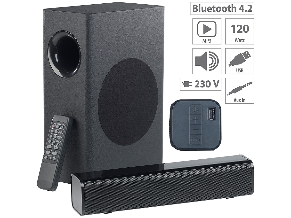 auvisio 2.1-Soundbar MSX-570.sb, externer Subwoofer, Bluetooth, Fernbedienung, www.pearl.de auvisio 2.1-Soundbar MSX-570.sb, externer Subwoofer, Bluetooth, Fernbedienung, www.pearl.de
