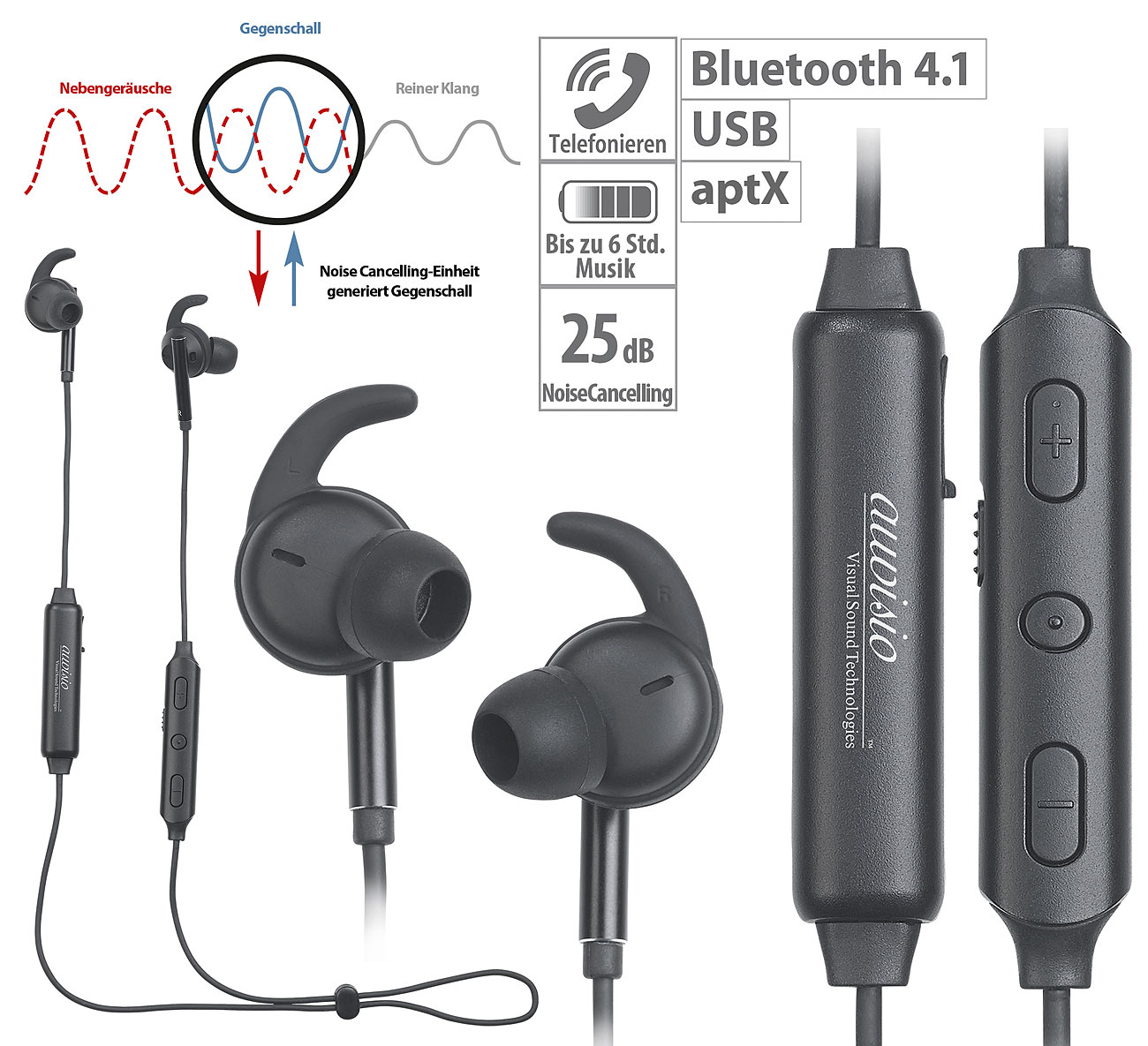 auvisio Stereo-In-Ear-Headset IHS-650, Bluetooth, aptX, Geräusch-Unterdrückung 25 dB, www.pearl.de