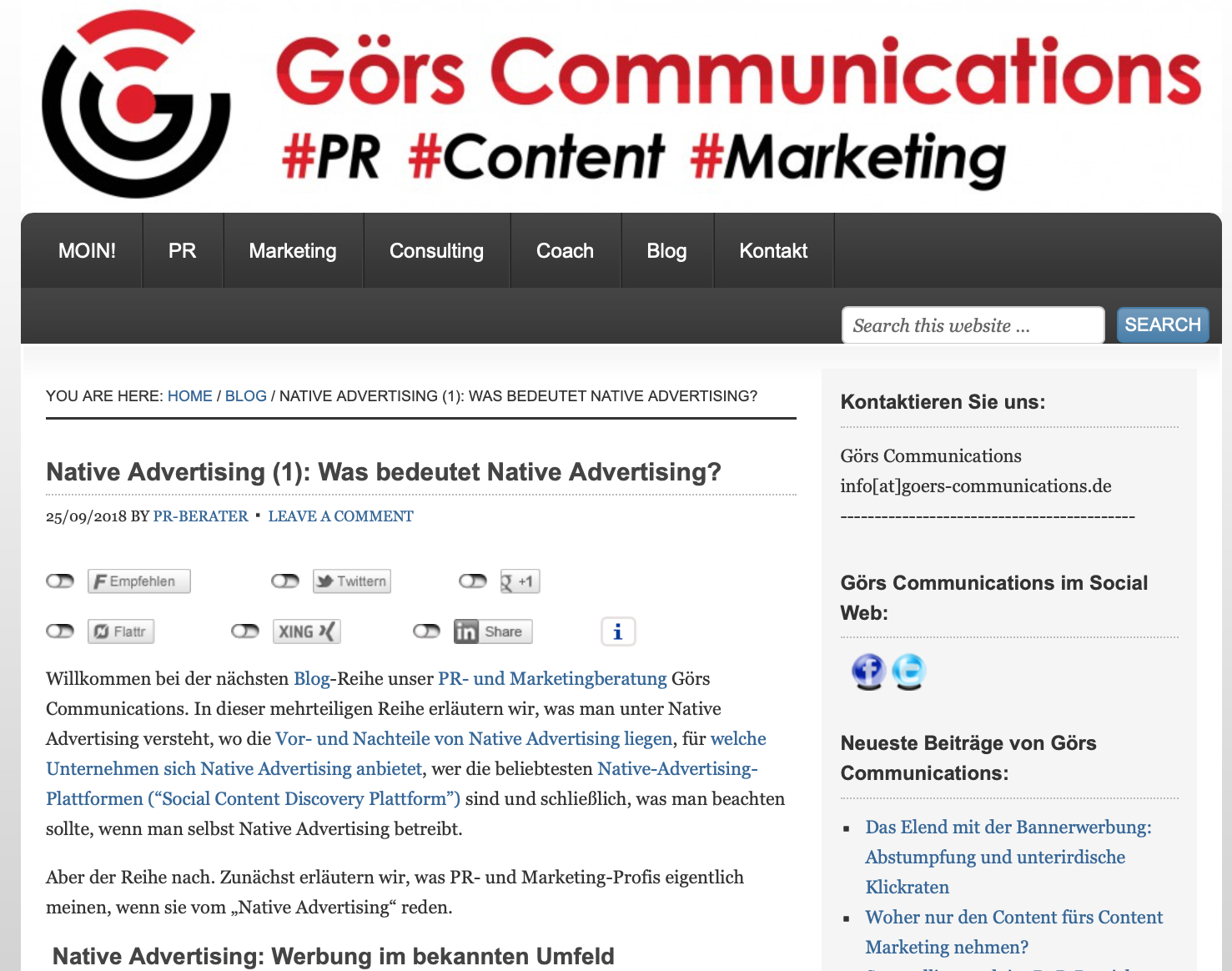 Blog-Reihe der PR-Beratung, Digital-und Marketingberatung Görs Communications zu Native Advertising
