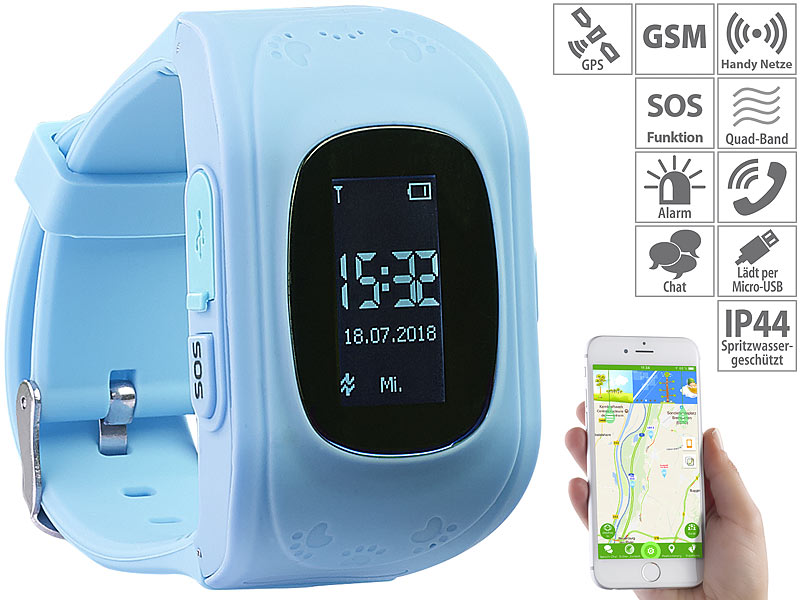 TrackerID Kinder-Smartwatch PW-110.kids mit Telefon-& SOS-Funktion, GPS-/LBS-Tracking, www.pearl