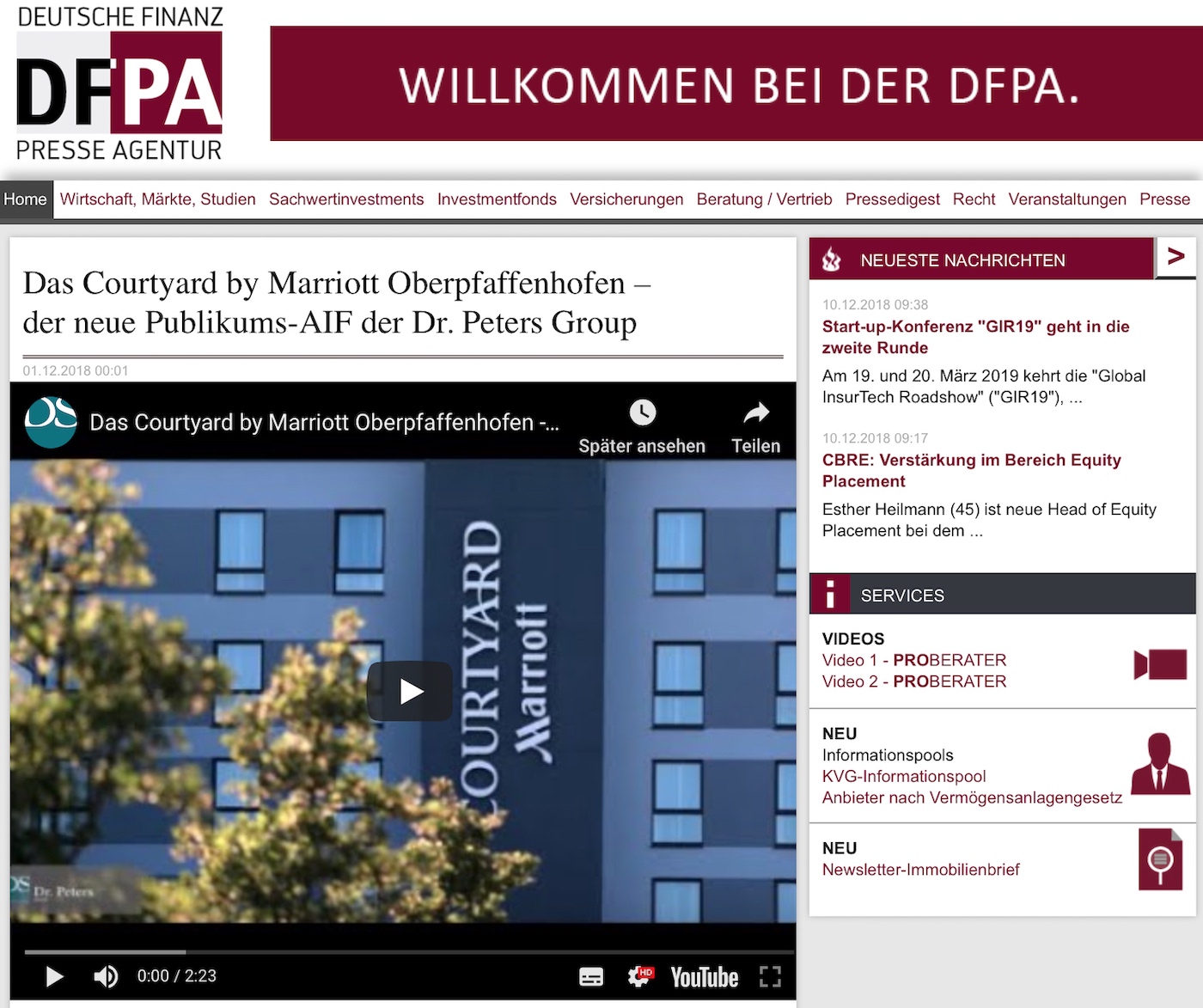 Neuer Hotelfonds: Dr. Peters Group nutzt Contentmarketing-Angebote der DFPA für Immobilien-AIF Neuer Hotelfonds: Dr. Peters Group nutzt Contentmarketing-Angebote der DFPA für Immobilien-AIF