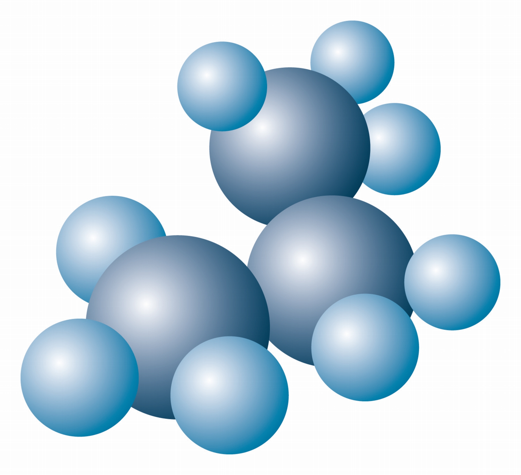 Ein Propan-Molekül besteht aus drei Kohlenstoff- und acht Wasserstoffatomen (chemische Formel: C3H8) Ein Propan-Molekül besteht aus drei Kohlenstoff- und acht Wasserstoffatomen (chemische Formel: C3H8)