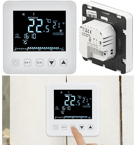 revolt Wand-Thermostat für Fußbodenheizung, LCD, Touch-Tasten, programmierbar, www.pearl.de