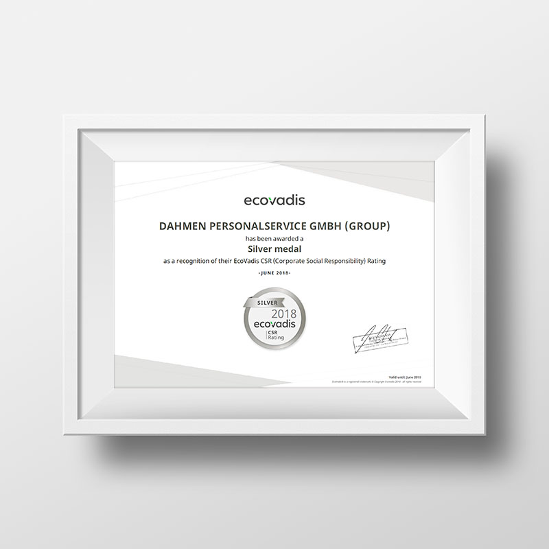 EcoVadis Auszeichnung Silber für DAHMEN Personalservice EcoVadis Auszeichnung Silber für DAHMEN Personalservice
