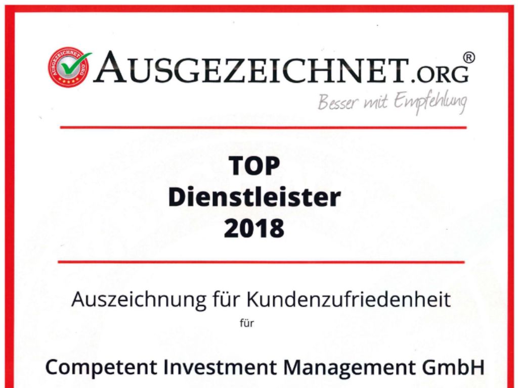 Competent Investment Management GmbH: Auszeichnung als Top Dienstleister 2018 (Bildquelle:©ausgezeic