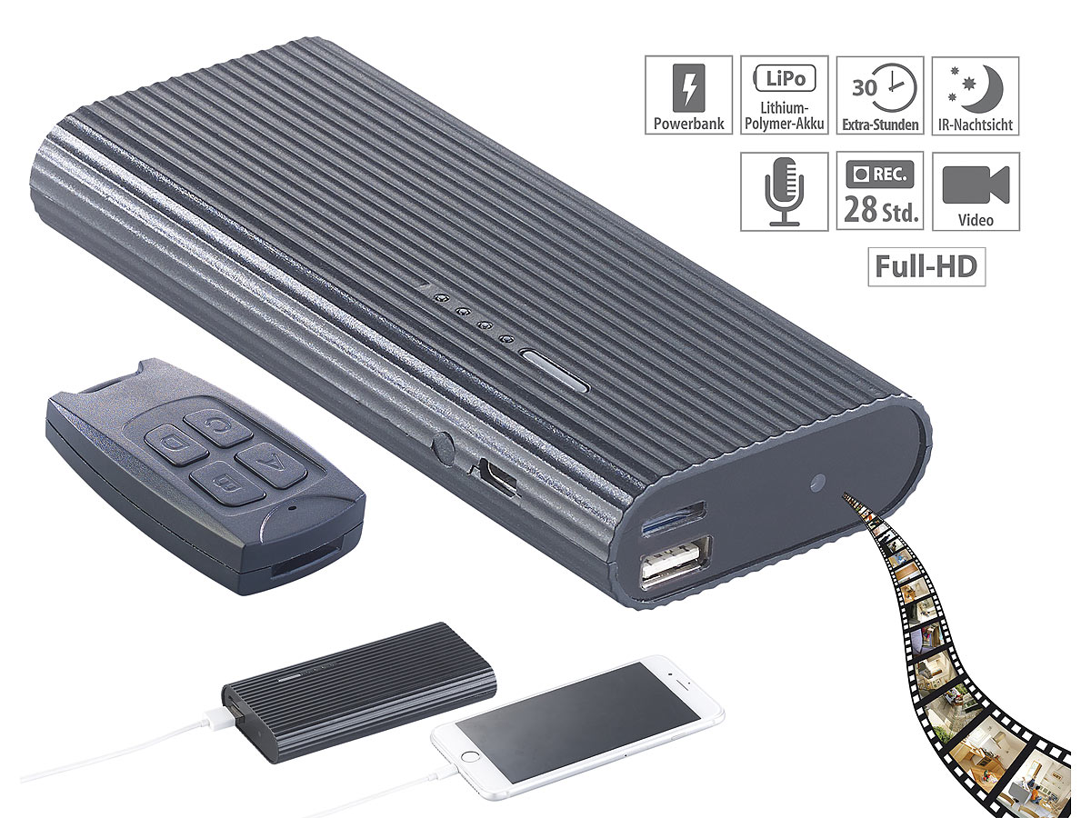 revolt 2in1-Powerbank PB-60.fhd mit Full-HD-Kamera und IR-Nachtsicht, 6.000 mAh, 1 A, www.pearl.de