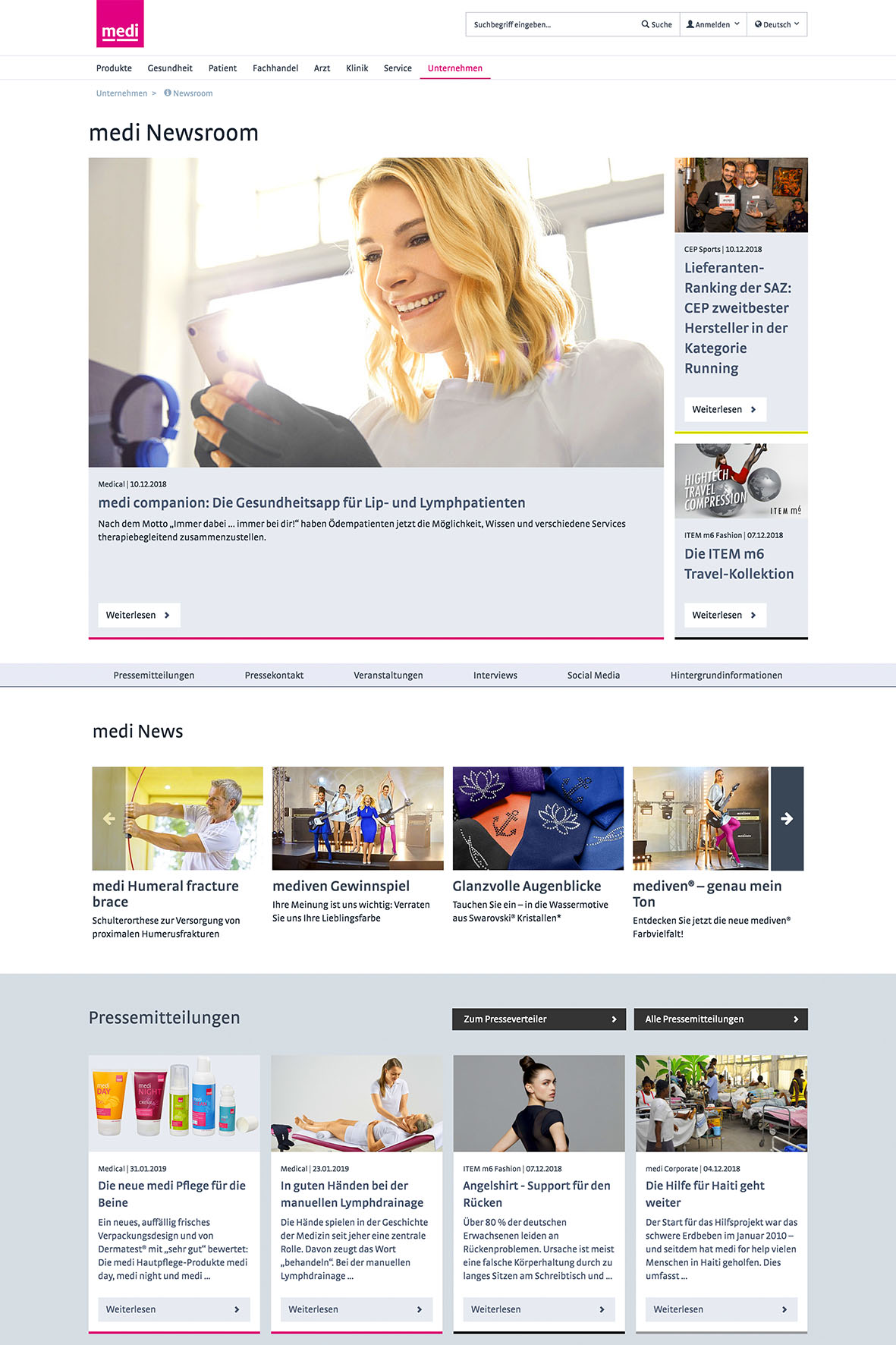 Der neue medi Newsroom präsentiert sich in einem frischen, modernen Look.