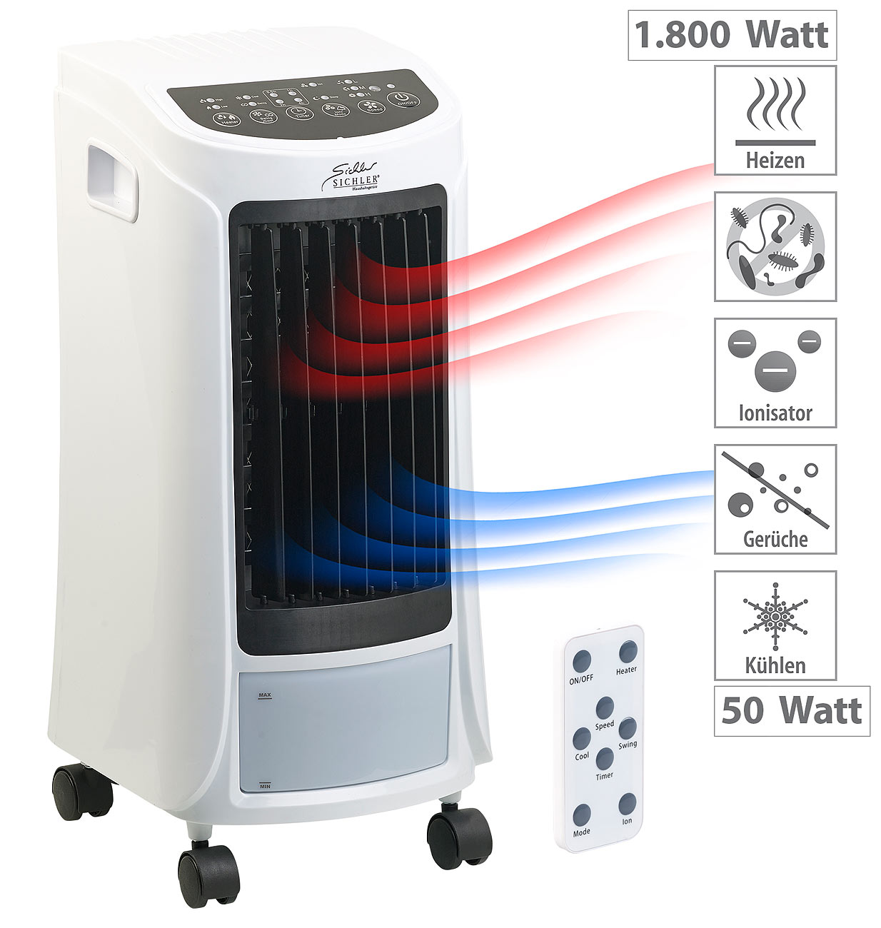 Sichler Haushaltsgeräte 4in1-Klimagerät zum Kühlen und Heizen LW-580, mit Ionisator-Funktion, 1.800W
