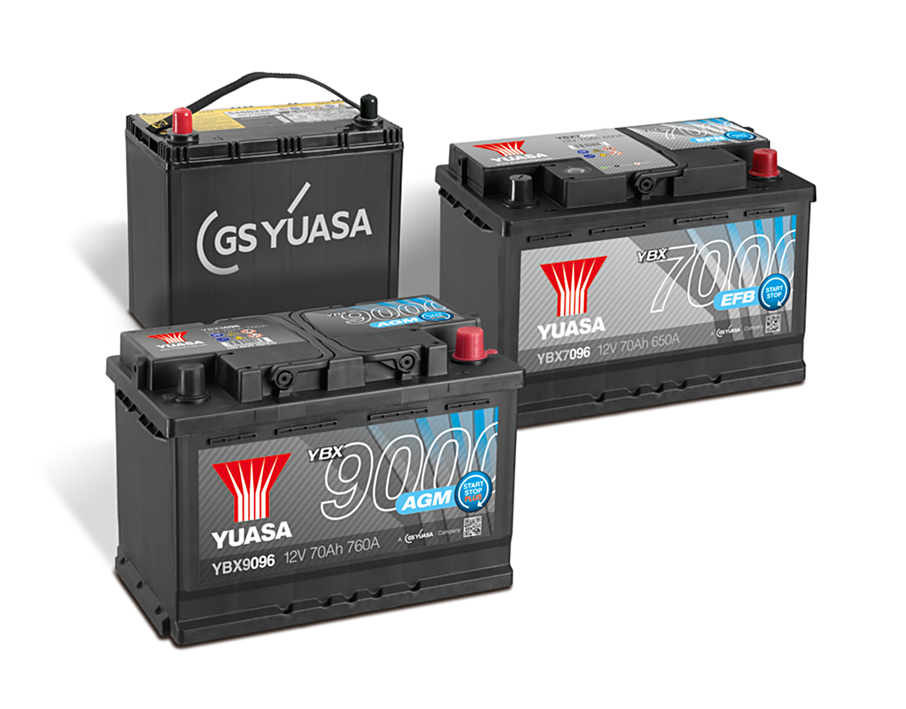 Automotive-Batterien aus der YBX-Baureihe von GS YUASA. Automotive-Batterien aus der YBX-Baureihe von GS YUASA.