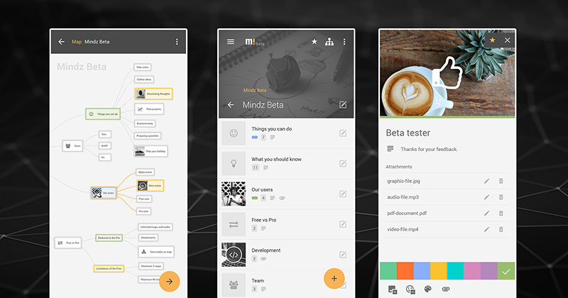 Map- Listen- und Detailansicht der Mindz App.