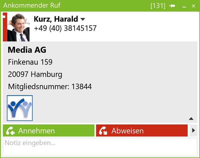 Bei Anrufeingang werden am PC Bildschirm Informationen zum Anrufer angezeigt