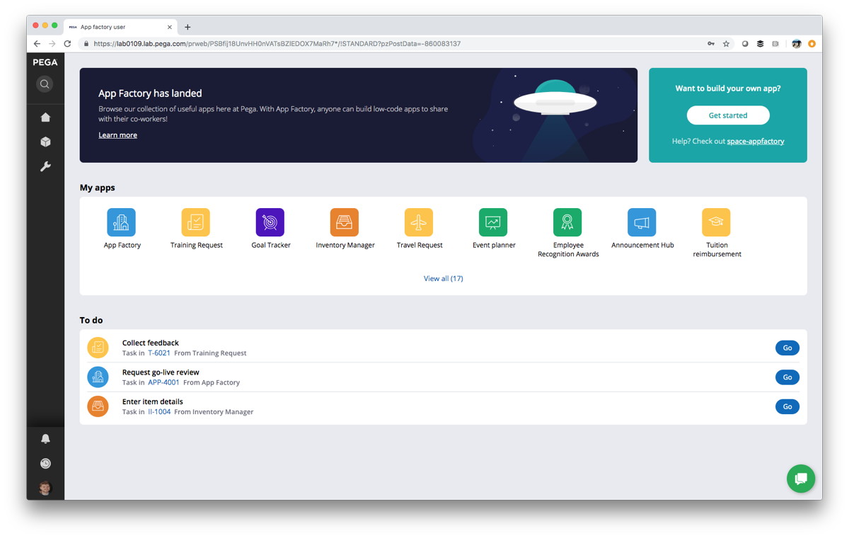 Main Dashboard der Enterprise Low-Code Factory (Quelle: Pegasystems).