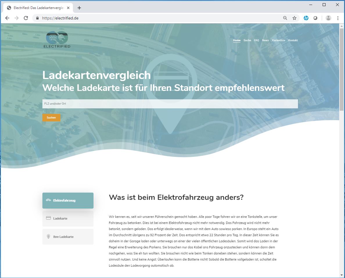 Mit wenigen Angaben zum Erfolg - electrified.de berechnet schnell, welche Ladekarten empfehlenswert 
