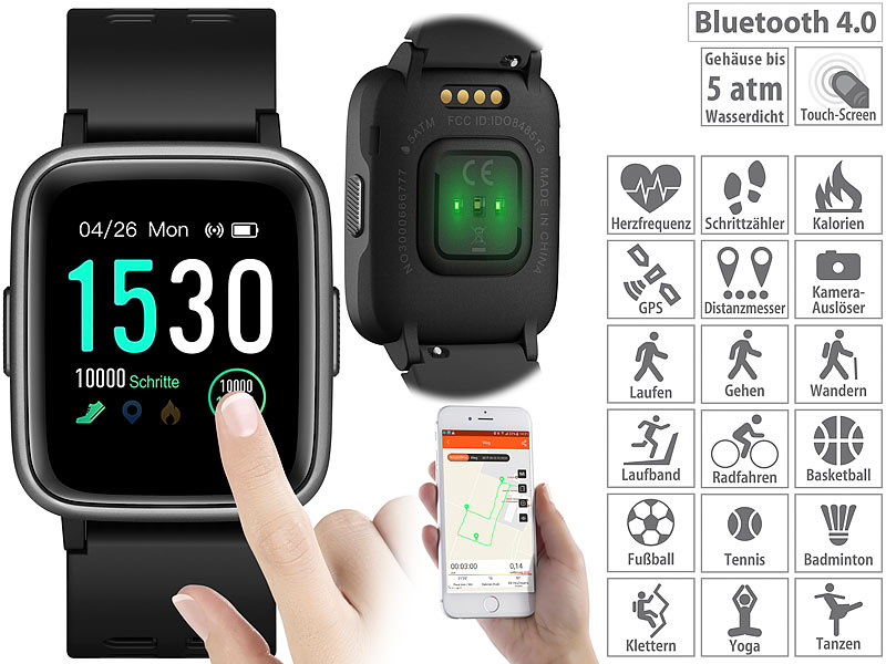 newgen medicals Fitness-Uhr SW-260.hr, Touch-Screen& Herzfrequenz-Anzeige, Bluetooth, www.pearl.