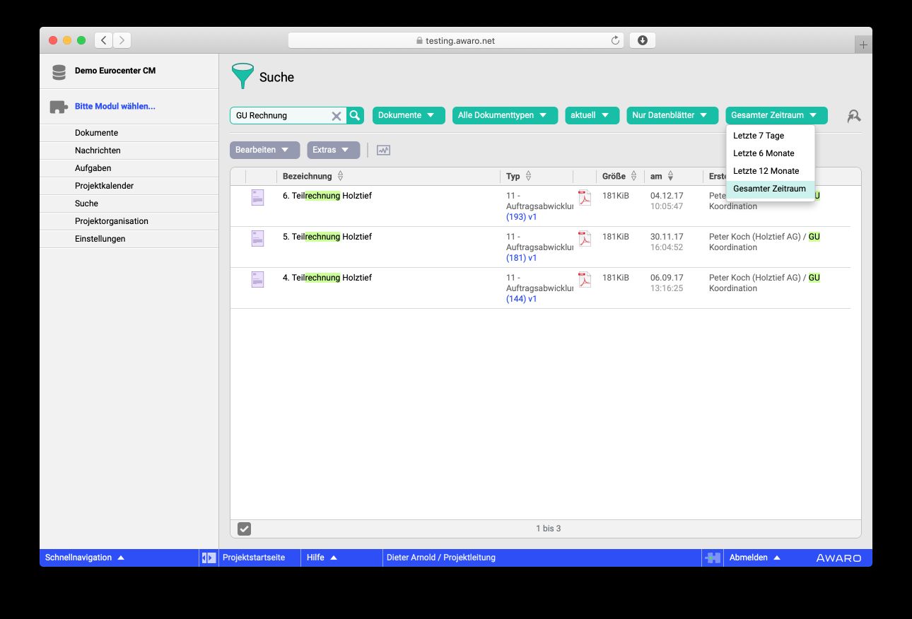 Bedienoberfläche der Suche