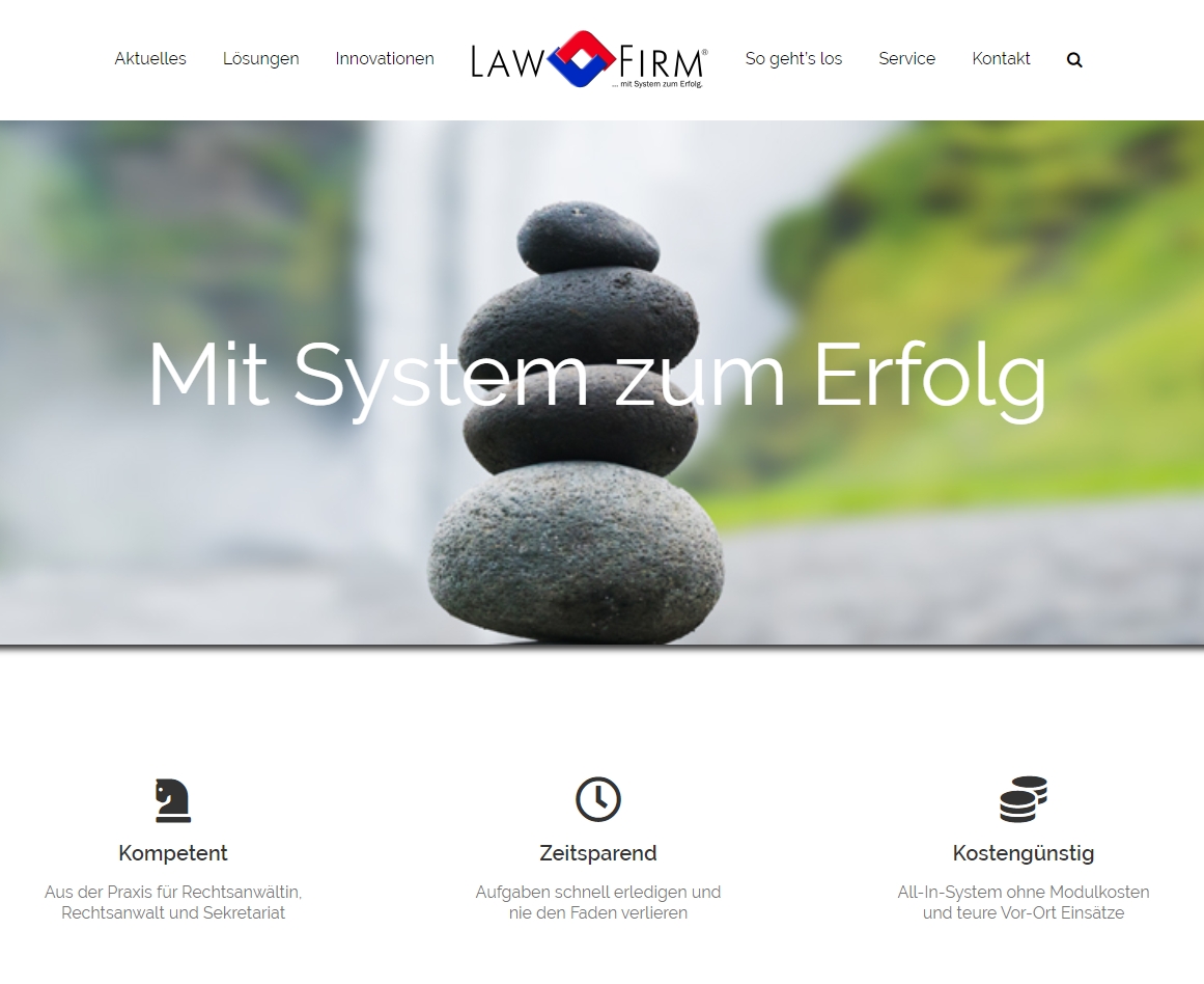 Startseite der neuen Webseite mit interessanten Informationen zur Premium Anwaltssoftware LawFirm. Startseite der neuen Webseite mit interessanten Informationen zur Premium Anwaltssoftware LawFirm.