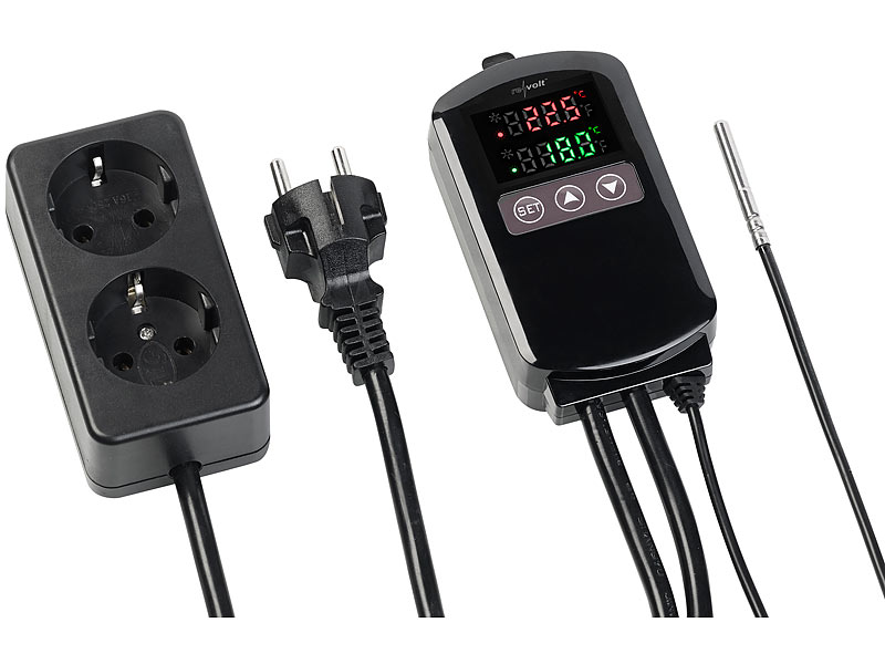 revolt Digitaler Temperaturregler für 2 Heiz-& Klimageräte, Display, 2.300 Watt, www.pearl.de revolt Digitaler Temperaturregler für 2 Heiz-& Klimageräte, Display, 2.300 Watt, www.pearl.de