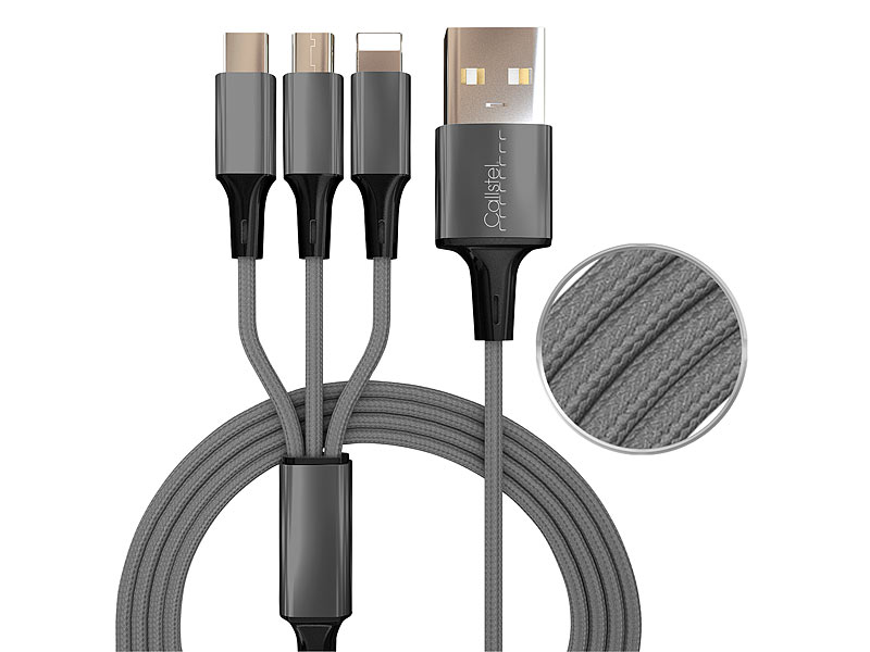 Callstel 3in1-Schnellladekabel: Micro-USB, USB Typ C& Lightning, Textil, 120 cm, www.pearl.de Callstel 3in1-Schnellladekabel: Micro-USB, USB Typ C& Lightning, Textil, 120 cm, www.pearl.de