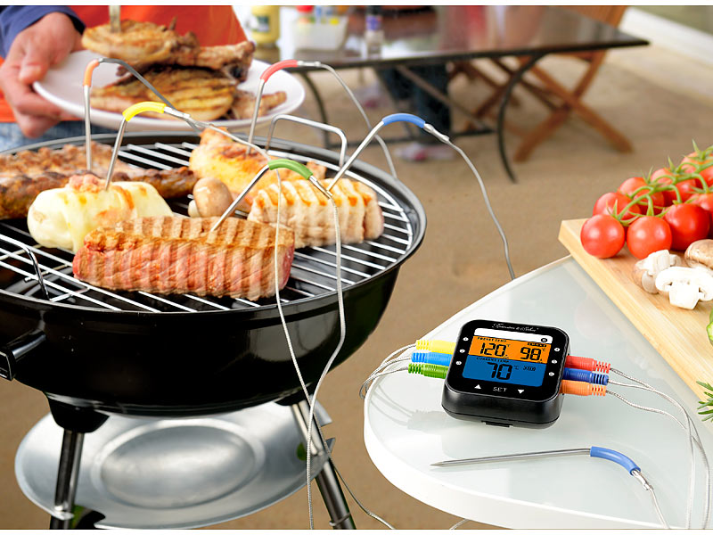 Rosenstein& Söhne Profi-Grillthermometer mit Bluetooth& App, Farb-Display, 6 Fühler, www.pea