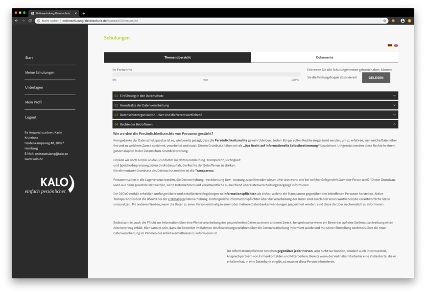 Aufgebaut ist die Onlineschulung in acht unterschiedliche Rubriken. (Bildquelle: KALORIMETA GmbH)