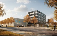 Ansicht des neuen Verwaltungsgebäudes mit Parkhaus der Stadtwerke Esslingen.