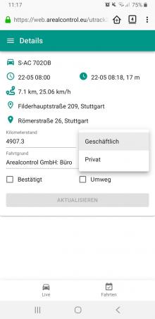 Die mobile Fahrtenbuch Web App. Bild: Arealcontrol Die mobile Fahrtenbuch Web App. Bild: Arealcontrol