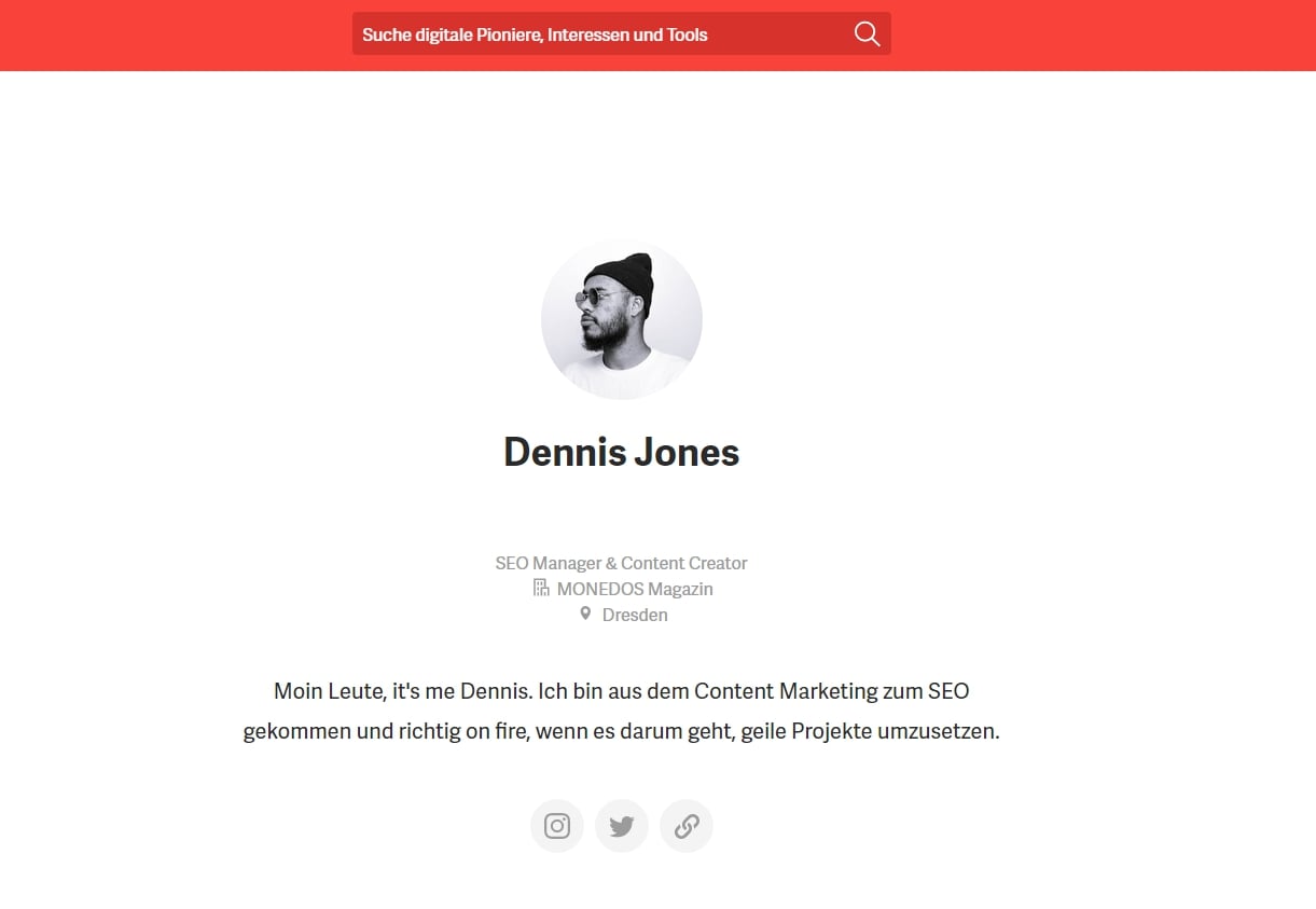Screenshot Digital Pioneers-Profil Dennis Jones (t3n.de)