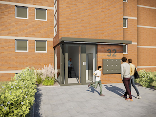 Umgestalteter Hauseingang nach den Plänen des Büros Agsta Architekten. © visuwerk 380° Umgestalteter Hauseingang nach den Plänen des Büros Agsta Architekten. © visuwerk 380°