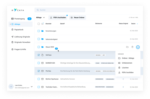 Die Caya Document Cloud verwaltet die von Caya digitalisierte Post  und weitere Dokumente
