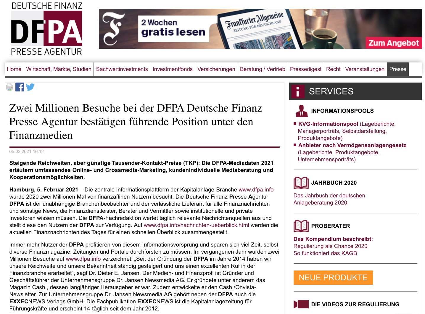 Zwei Millionen Besuche bei der DFPA bestätigen führende Position unter den Finanzmedien