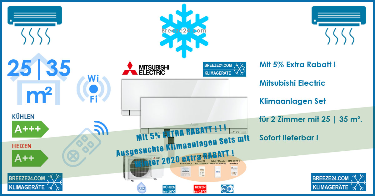 Mitsubishi Electric Klimaanlagen Set Wandgeräte Kompakt MSZ-AP25VGK + MSZ-AP35VGK + MXZ-2F42VF R32
