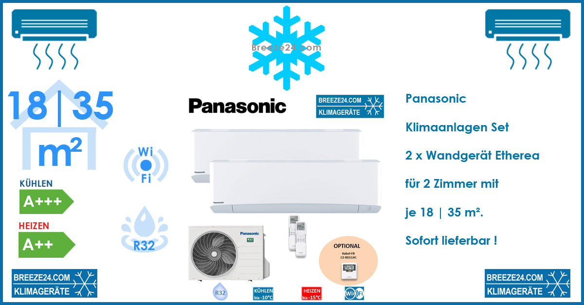 Panasonic Klimaanlage Wandgeräte - CS-MZ16VKE + CS-Z35VKEW + Außengerät CU-2Z35TBE R32 für 2 Zimmer 