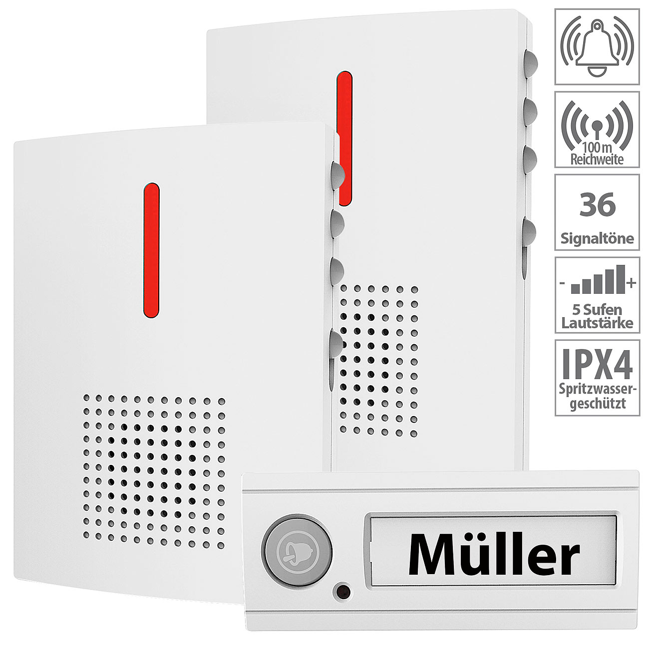 CASAcontrol Funk-Türklingel + 2 Empfänger FTK-130, Licht& Ton Signal, IPX4, weiß, www.pearl.de CASAcontrol Funk-Türklingel + 2 Empfänger FTK-130, Licht& Ton Signal, IPX4, weiß, www.pearl.de