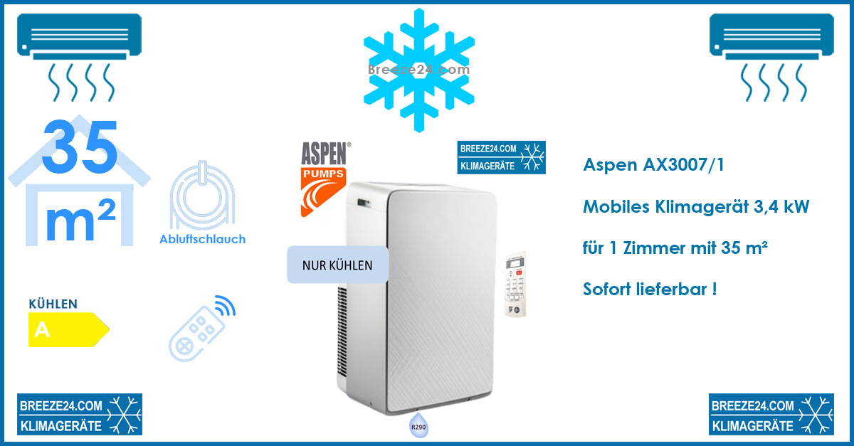 Aspen AX3007/1 Mobiles Klimagerät R290 für 1 Zimmer mit 35 - 40 m² Aspen AX3007/1 Mobiles Klimagerät R290 für 1 Zimmer mit 35 - 40 m²