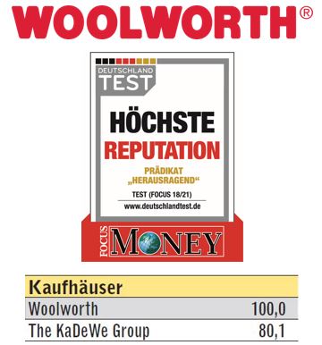 Woolworth erhält Auszeichnung „Höchste Reputation“ mit Prädikat „Herausragend“ Woolworth erhält Auszeichnung „Höchste Reputation“ mit Prädikat „Herausragend“