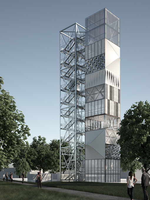 Das 37 Meter hohe adaptive Hochhaus steht auf dem Campus der Universität Stuttgart. (Bildquelle: ISY Das 37 Meter hohe adaptive Hochhaus steht auf dem Campus der Universität Stuttgart. (Bildquelle: ISY