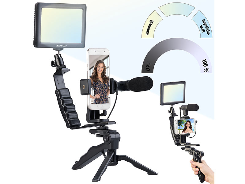 Somikon 4-teiliges Vlogging-Set mit LED-Leuchte, Mikrofon, Stativ& Halterung, www.pearl.de