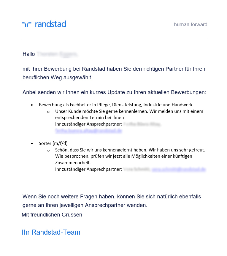 Beispiel einer Randstad Mail zur"Sendungsverfolgung" für die Bewerbung Beispiel einer Randstad Mail zur"Sendungsverfolgung" für die Bewerbung