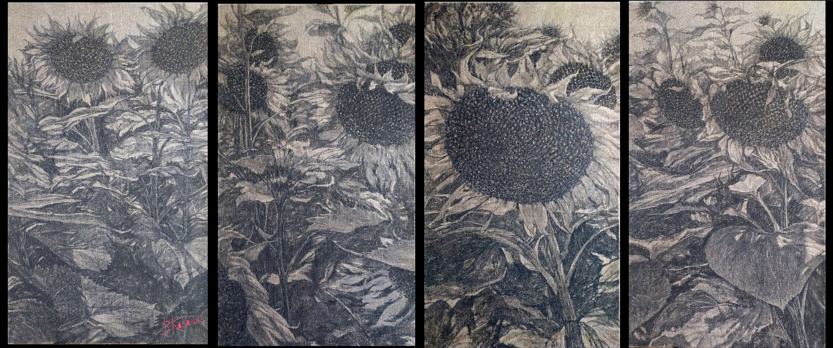 Viktor Kovalyk„Sonnenblumen“, Vierteilig, Material: Leinen, Aquarell, Pigment, Lack Viktor Kovalyk„Sonnenblumen“, Vierteilig, Material: Leinen, Aquarell, Pigment, Lack