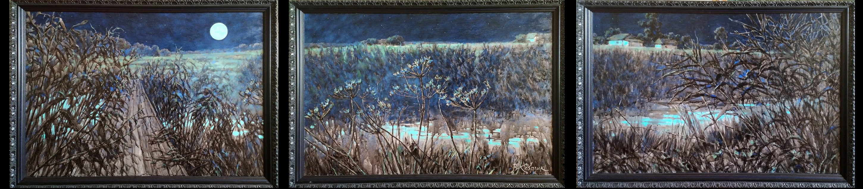 Viktor Kovalyk, Mondnacht, Tryptichon, Leinen, Aquarell, Pigment, Lack,Öl, 80x50, 80x50, 85x55