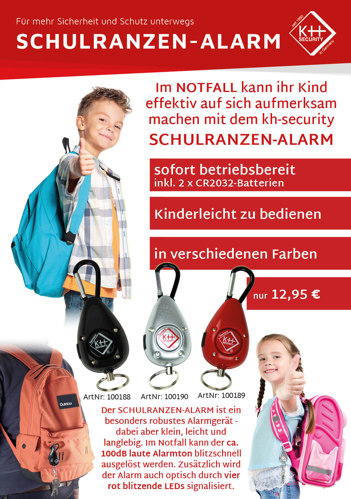 Schulranzen-Alarm von kh-security in verschiedenen Farben Schulranzen-Alarm von kh-security in verschiedenen Farben