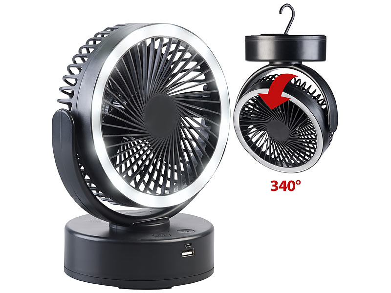 Sichler Haushaltsgeräte 3in1-Akku-Camping-Ventilator, LED-Licht, USB-Powerbank, www.pearl.de