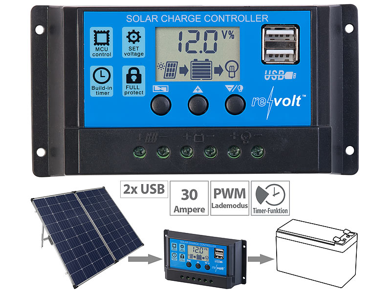 revolt Solar-Laderegler für 12/24-V-Akkus, PWM-Lademodus, 2 USB-Ports, 30 A, www.pearl.de revolt Solar-Laderegler für 12/24-V-Akkus, PWM-Lademodus, 2 USB-Ports, 30 A, www.pearl.de