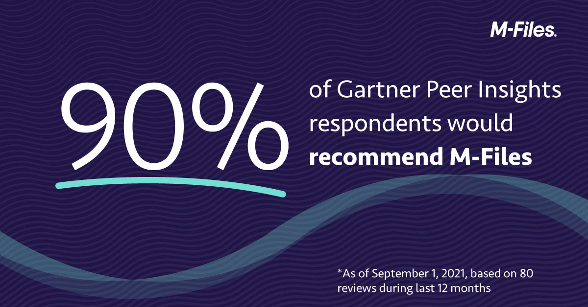 90 % der Befragten im Gartner Peer Insights empfehlen M-Files als DMS/ECM 90 % der Befragten im Gartner Peer Insights empfehlen M-Files als DMS/ECM