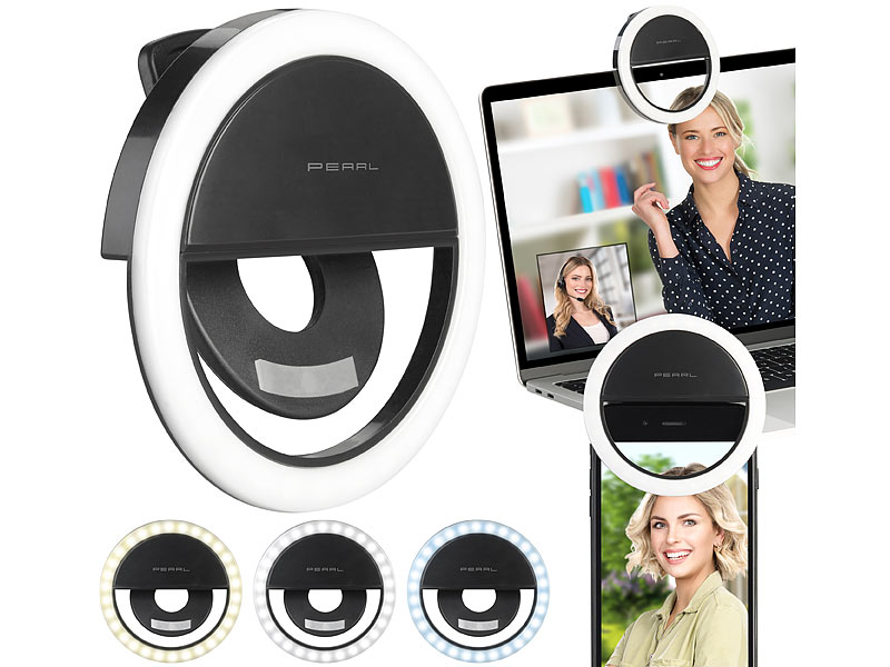 PEARL Akku-Aufsteck-Ringlicht für Smartphones, 72 CCT-LEDs, 3 Watt,Ø3,3 Zoll, www.pearl.de