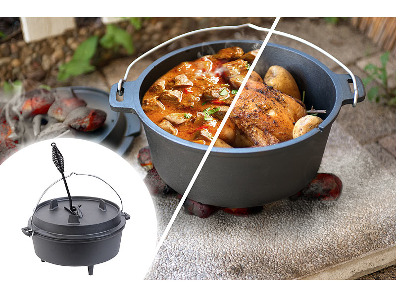 Rosenstein& Söhne Dutch Oven aus Gusseisen mit Standfüßen, 2in1-Deckel& -Pfanne, 6 l, www.pe Rosenstein& Söhne Dutch Oven aus Gusseisen mit Standfüßen, 2in1-Deckel& -Pfanne, 6 l, www.pe