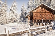 Außenbereich mit historischem Gebäude im Winter (Hotel Tann)