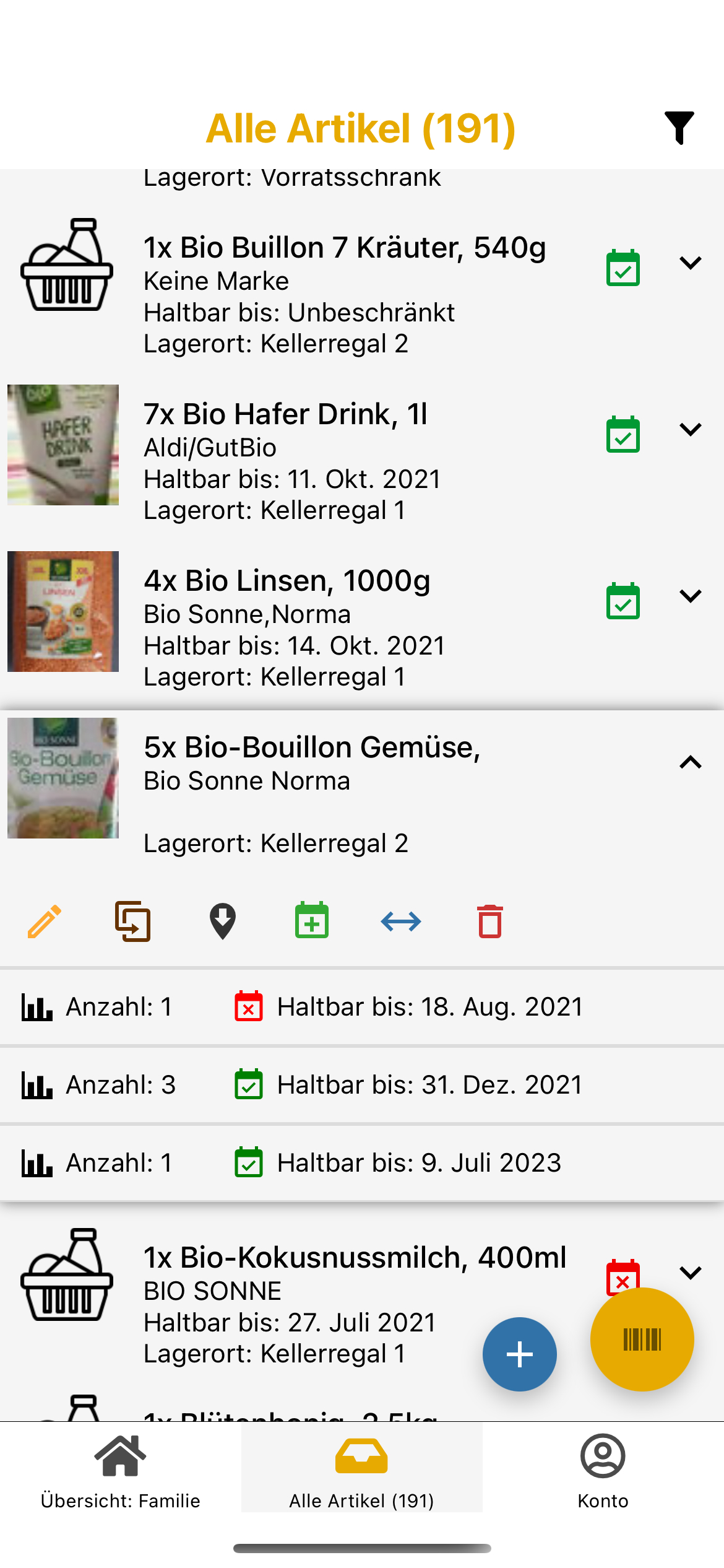 Übersichtüber die Lebensmittelvorräte im Haushalt mit Mindesthaltbarkeitsdatum Übersichtüber die Lebensmittelvorräte im Haushalt mit Mindesthaltbarkeitsdatum